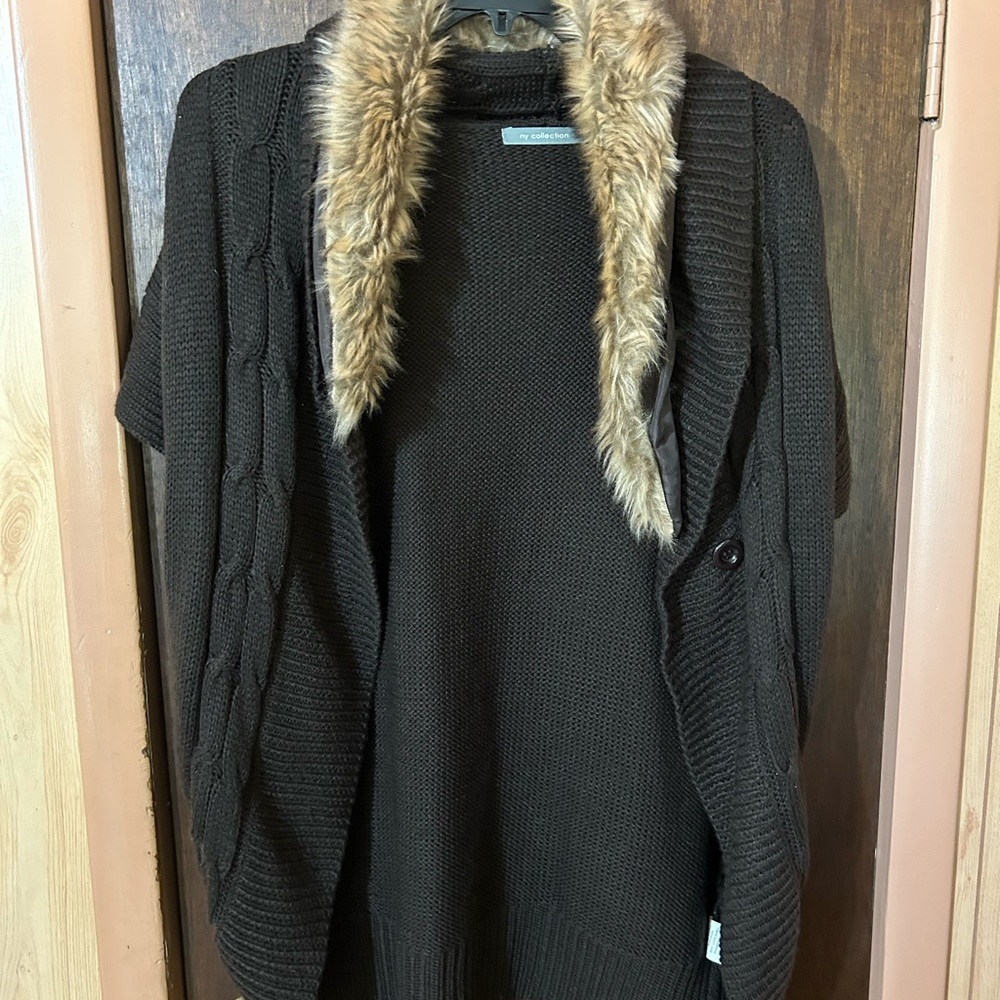 NY Collection Brown Shrug Sweater with Plush Texture and Faux Fur Collsr